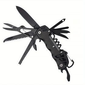 1pc 16-in-1 Multifunctional Pocket Knife Set with Keychain Holder, Scissors, Bottle Opener, Saw, and Camping Combination Tool - Essential Outdoor (Color: BLACK)